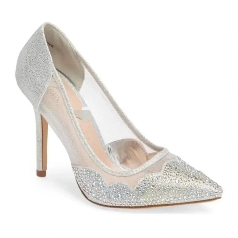De Blossom Collection Silver Mesh Pointed Toe Stilletto Rhinestone Dress Pump